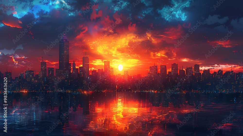 Abstract art of dusk sky dynamic colors of orange and blue with vibrant silhouettes of tall city skyscrapers Abstract art of dusk sky dynamic colors of orange and blue with vibrant silhouettes of tall city skyscrapers