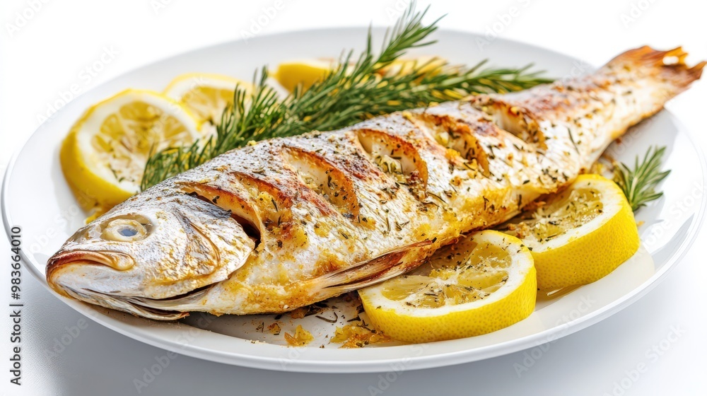 Grilled Fish with Lemon and Herbs on White Plate Grilled Fish with Lemon and Herbs on White Plate