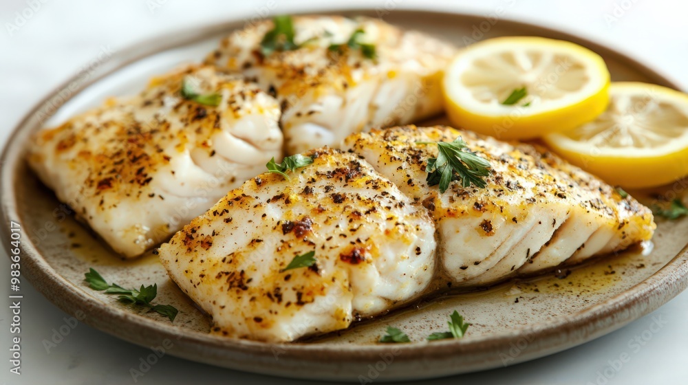 Grilled Fish Fillet with Lemon Slices and Herbs Grilled Fish Fillet with Lemon Slices and Herbs