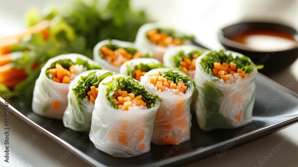 Fresh Vegetable Spring Rolls on a Black Plate Fresh Vegetable Spring Rolls on a Black Plate