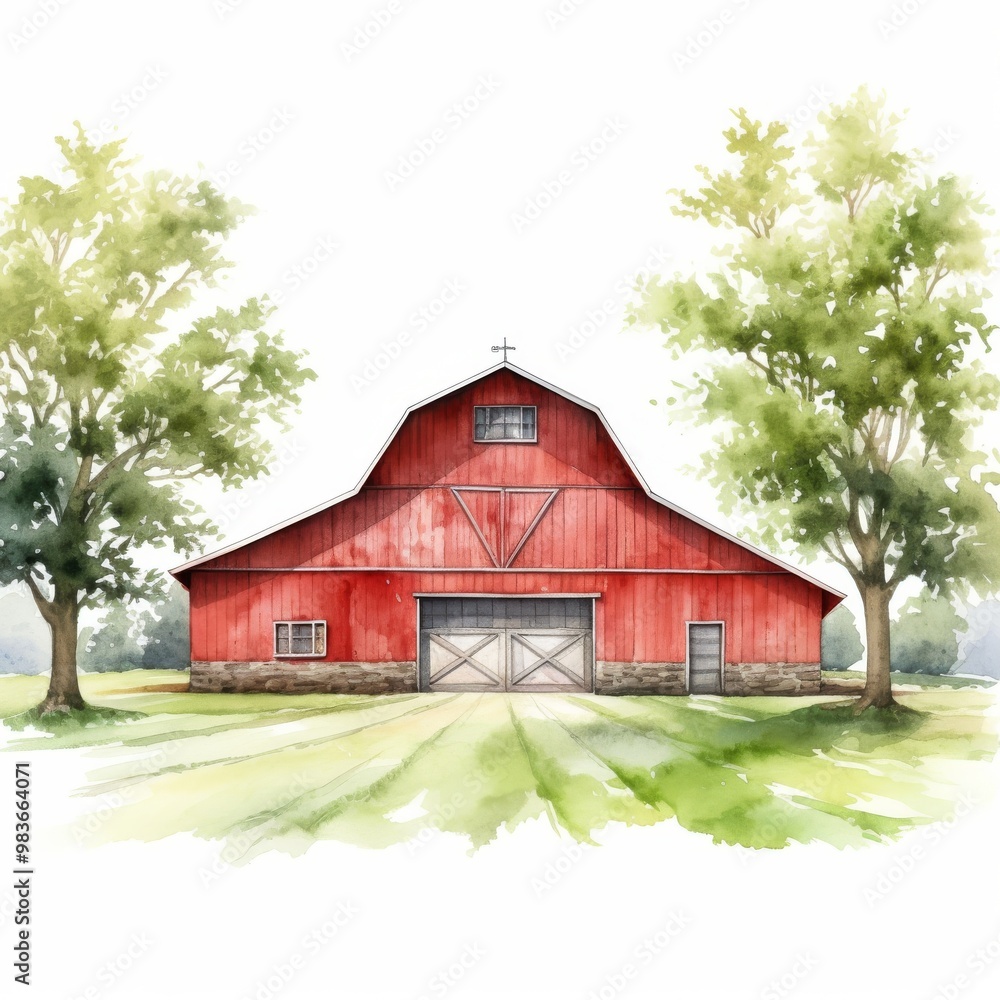 Picturesque Red Barn Illustration with Lush Green Trees - Perfect for Farmhouse Decor and Rustic Themes Picturesque Red Barn Illustration with Lush Green Trees - Perfect for Farmhouse Decor and Rustic Themes