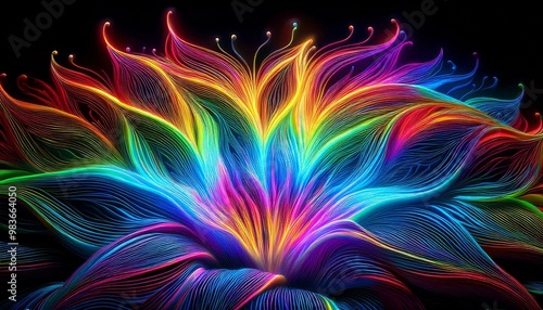 Rainbow lights like neon on black background Minimalist floral pattern, Zen lines, abstract