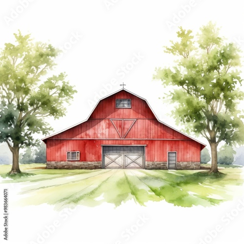 Picturesque Red Barn Illustration with Lush Green Trees - Perfect for Farmhouse Decor and Rustic Themes