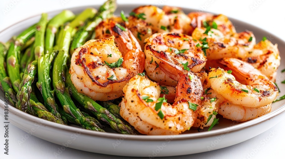 Grilled Shrimp with Asparagus on White Plate Grilled Shrimp with Asparagus on White Plate