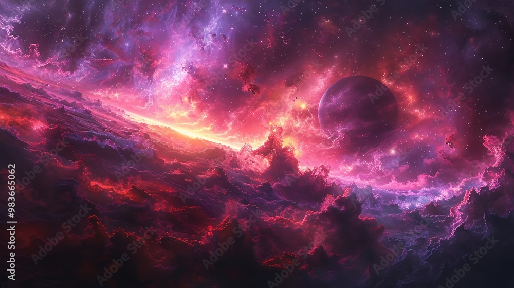 Abstract art of night sky with dynamic colors vibrant purples and blacks framing a distant planet Abstract art of night sky with dynamic colors vibrant purples and blacks framing a distant planet