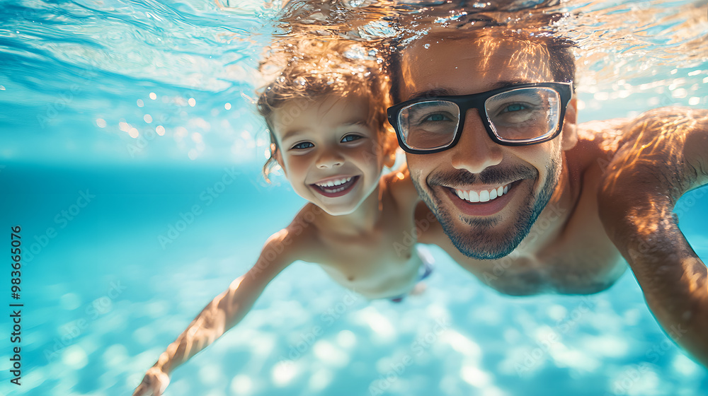 Naklejka premium Happy Father and Son Swimming Underwater Together