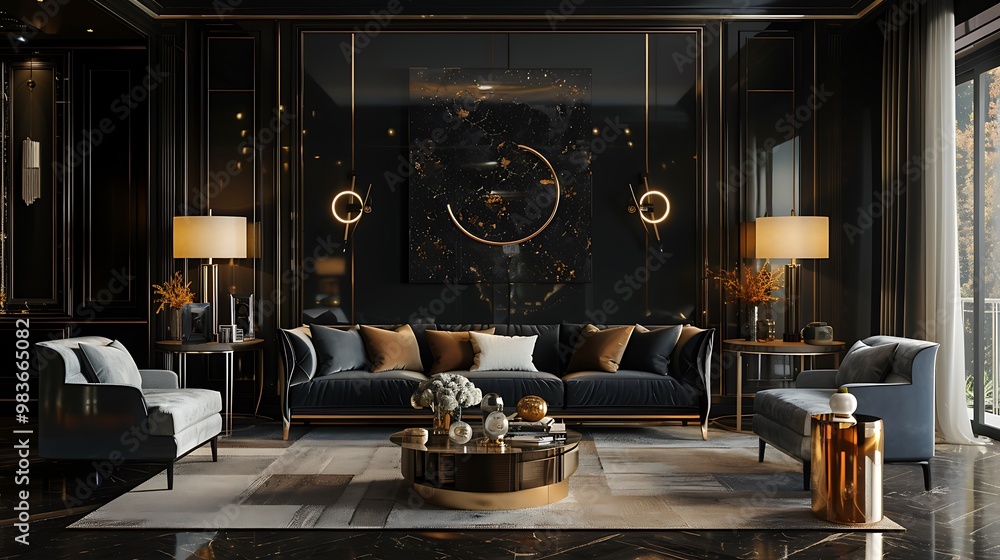 Elegant luxury lounge and living room interior featuring a dramatic black wall background, captured in realistic HD Elegant luxury lounge and living room interior featuring a dramatic black wall background, captured in realistic HD