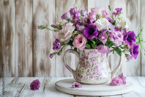 A charming summer bouquet of purple and pink eustomas arranged in an antique coffee pot on a rustic wooden board