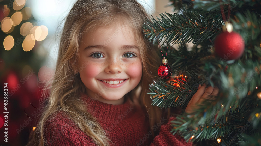 A young girl smiles brightly near a decorated Christmas tree. A young girl smiles brightly near a decorated Christmas tree.