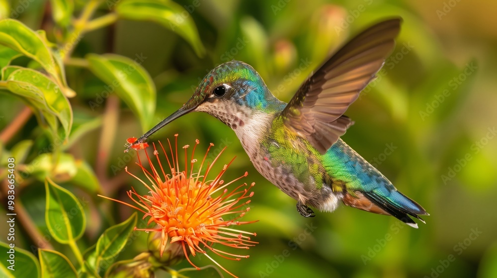 Vibrant Hummingbird Feeding on Red Flower Nectar in Lush Greenery - Wildlife Photography Vibrant Hummingbird Feeding on Red Flower Nectar in Lush Greenery - Wildlife Photography