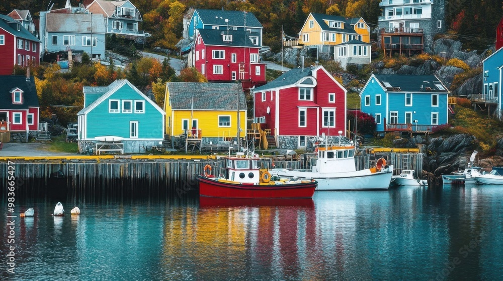 Seaside village with vivid, multicolored houses, creating a lively coastal scene with boats docked nearby. Seaside village with vivid, multicolored houses, creating a lively coastal scene with boats docked nearby.