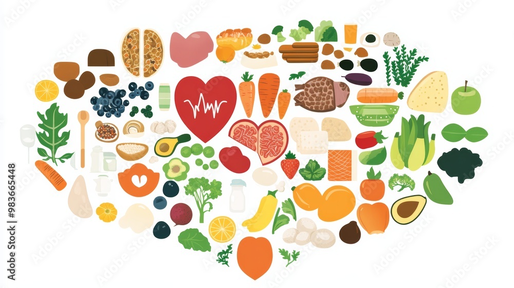 A heart shape made of various healthy food items, including fruits, vegetables, and protein sources. The image is perfect for illustrating a healthy lifestyle or diet. A heart shape made of various healthy food items, including fruits, vegetables, and protein sources. The image is perfect for illustrating a healthy lifestyle or diet.