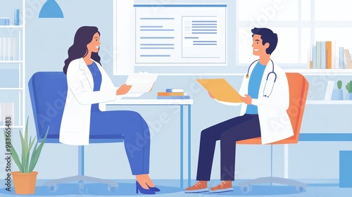 A doctor and patient engage in a friendly consultation, discussing health information in a bright, modern medical office.