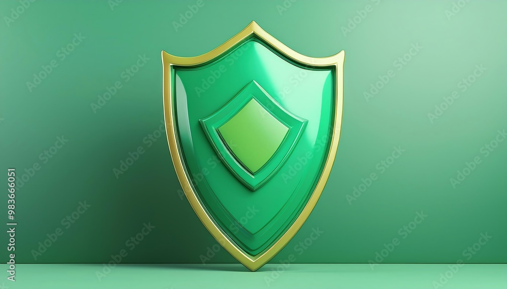 A glossy green shield icon with a golden outline, symbolizing security, protection, and digital safety against threats. A glossy green shield icon with a golden outline, symbolizing security, protection, and digital safety against threats.