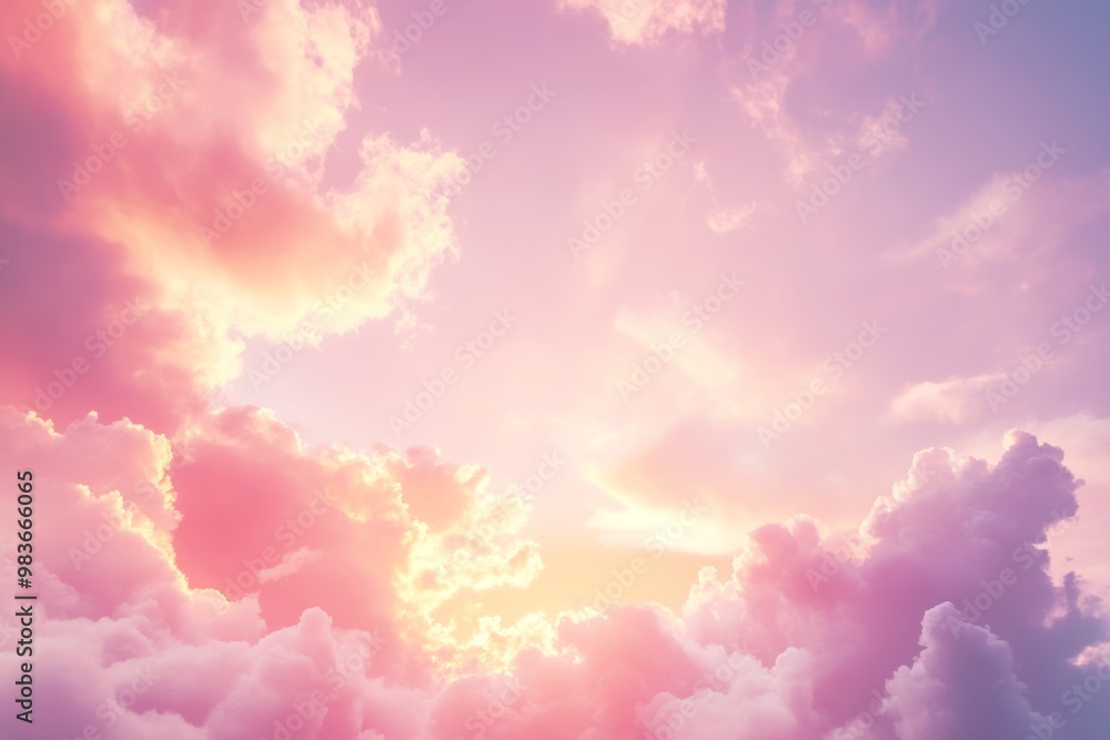 Fototapeta premium Morning sunrise illuminating a soft pink sky with yellow tones and fluffy clouds
