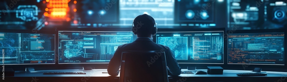 Hacker at Work Cybersecurity Specialist Analyzing Data on Multiple Monitors Hacker at Work Cybersecurity Specialist Analyzing Data on Multiple Monitors