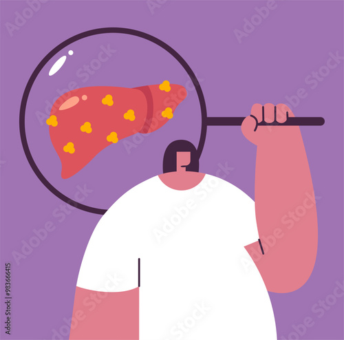Girl show Liver full of fat. Fatty disease of the liver organ or Hepatosteatosis. Increased fat deposition in the liver. warning about problematic organs. Flat vector illustration.