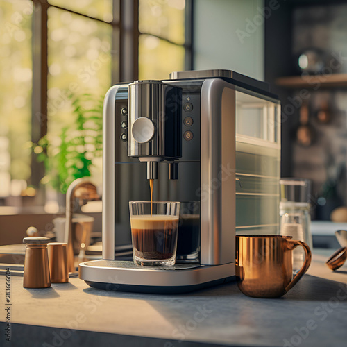 coffee, espresso being made, with foam in a high-end coffee machine photo