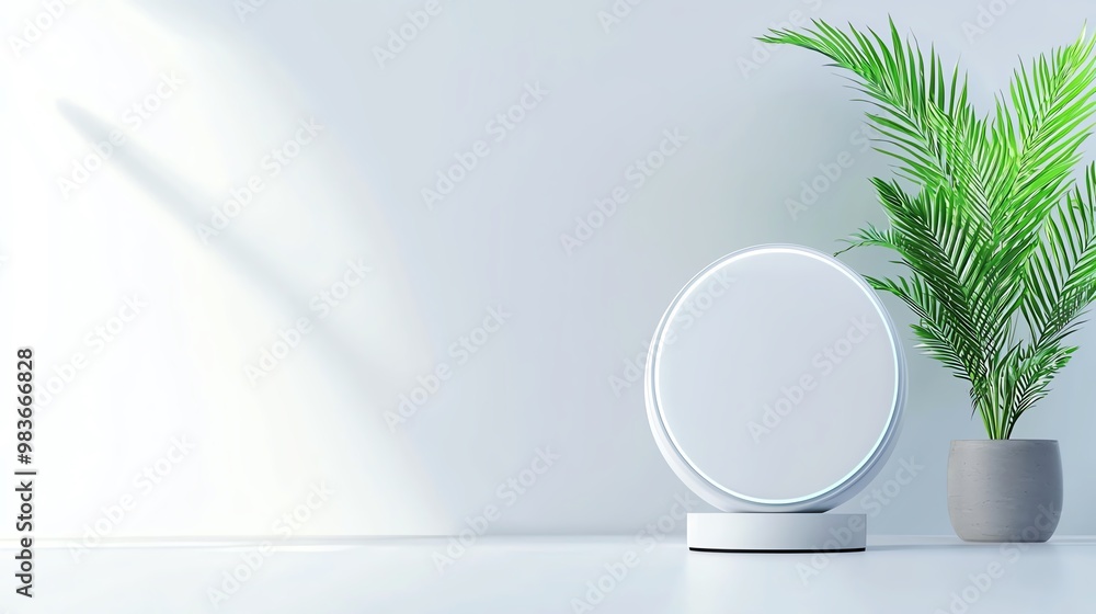 Indoor air purifier next to a potted plant on a minimalist white background Indoor air purifier next to a potted plant on a minimalist white background