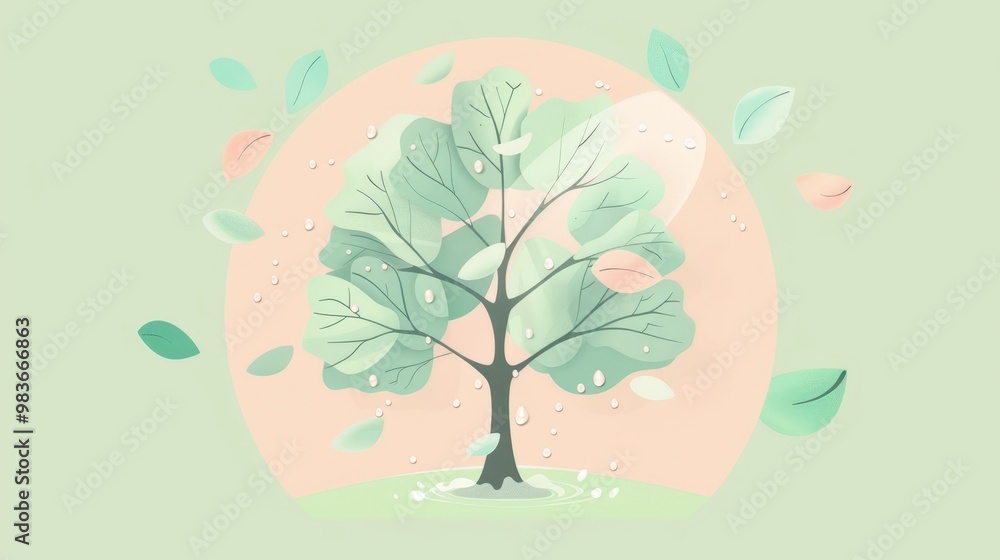 Pastel Green Tree with Rain Drops and Leaves Illustration Pastel Green Tree with Rain Drops and Leaves Illustration