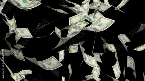 Money Falling - Dollar bills falling down from the sky. ollars bills falling down in 3D animation video,
Dollars falling in looped animation. Alpha mask. money rain, raining money, dollars falling. photo