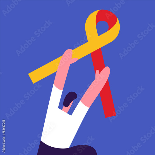 World Hepatitis Awareness Day with man. Red and yellow ribbon. Flat vector illustration in cartoon style.