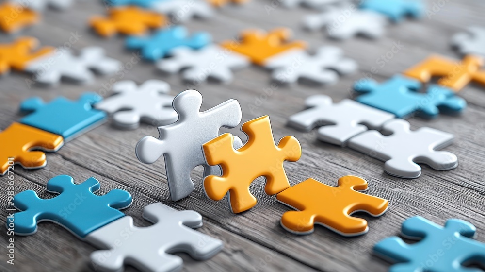 Fototapeta premium Strategic Collaboration Concept with Minimalist Puzzle Pieces Connecting Together Symbolizing Planning and Coordination on Empty Background for Text Space