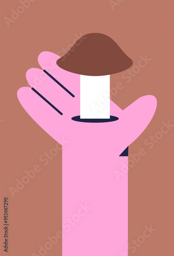 People picking edible mushrooms in the forest. Mushroom picker hand picking boletus mushrooms. Autumn nature. Flat vector illustration in cartoon style.