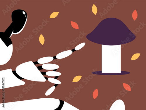People picking edible mushrooms in the forest. AI Robot Mushroom picker walking through the forest, picking boletus mushrooms. Autumn nature. Flat vector illustration in cartoon style.