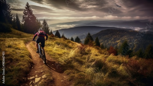 Fototapeta Naklejka Na Ścianę i Meble -  A man is riding a bike on a trail in the woods