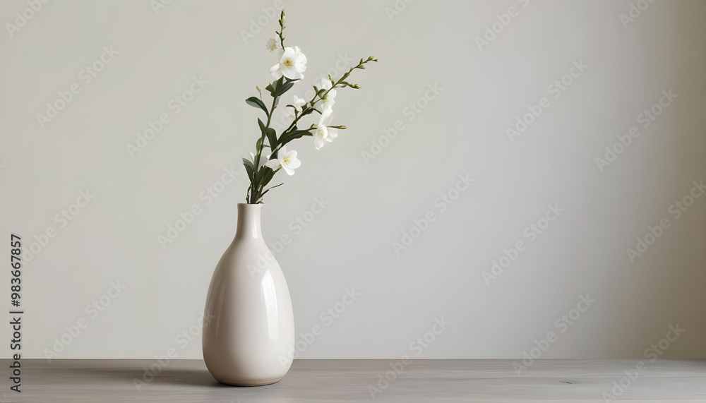 Fototapeta premium Clean Aesthetic Scandinavian style table . minimalist interior. Vase, plant, flower 