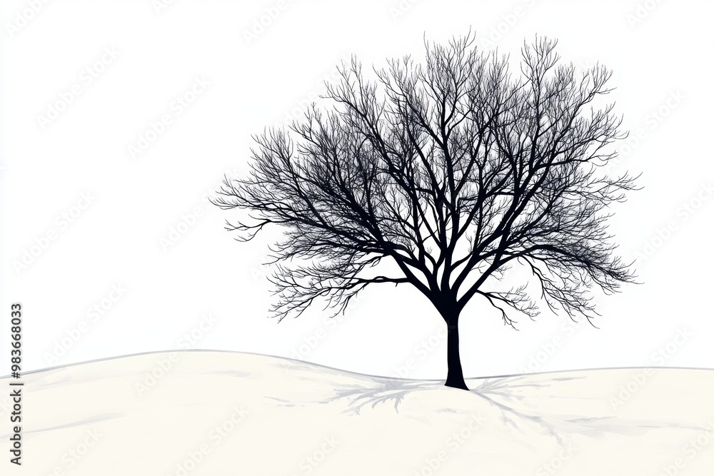 Fototapeta premium Elegant winter silhouette of a barren tree against a snowy landscape, capturing the essence of Christmas tranquility and nature's beauty