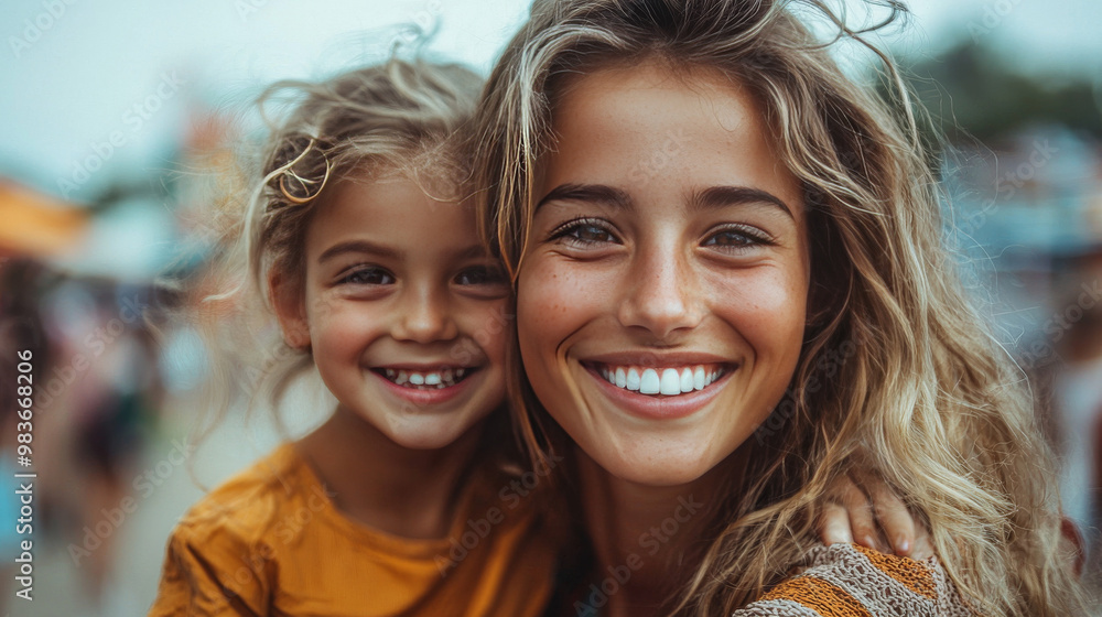 Fototapeta premium Two smiling girls, one with long blonde hair and one with short blonde hair, looking at the camera.