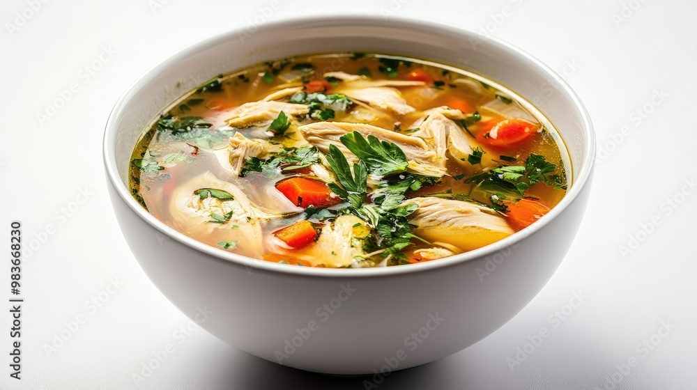 A bowl of hearty halal chicken soup with fresh herbs, set on a minimalistic white background, no logos. A bowl of hearty halal chicken soup with fresh herbs, set on a minimalistic white background, no logos.