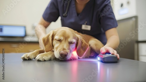 Veterinarian Treating a Dog with a Laser Therapy Device photo