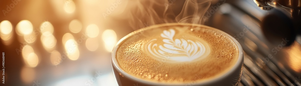 Closeup of Steaming Latte Art Coffee with Bokeh Background Closeup of Steaming Latte Art Coffee with Bokeh Background