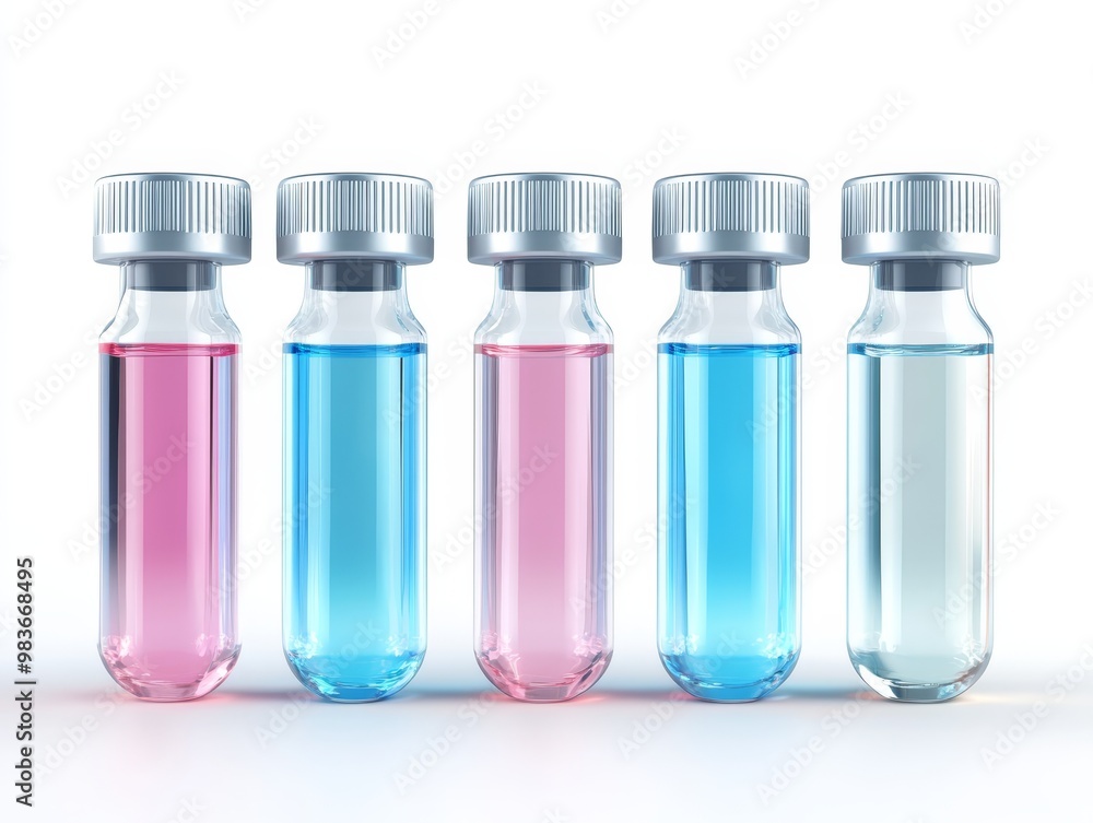 Five Glass Bottles with Colored Liquids and Silver Caps Five Glass Bottles with Colored Liquids and Silver Caps