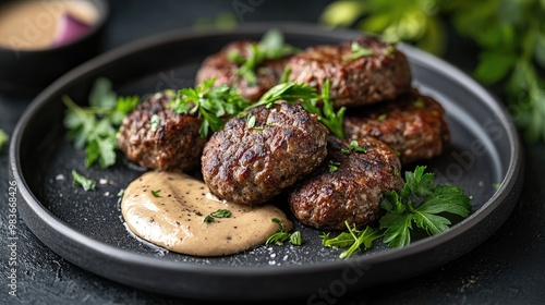 A flavorful plate of beef kofta with tahini sauce, garnished with herbs, on a minimalistic background.