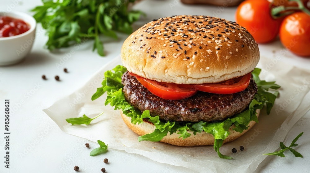 A juicy, grilled halal beef burger with fresh lettuce and tomatoes, placed on a simple white surface. A juicy, grilled halal beef burger with fresh lettuce and tomatoes, placed on a simple white surface.