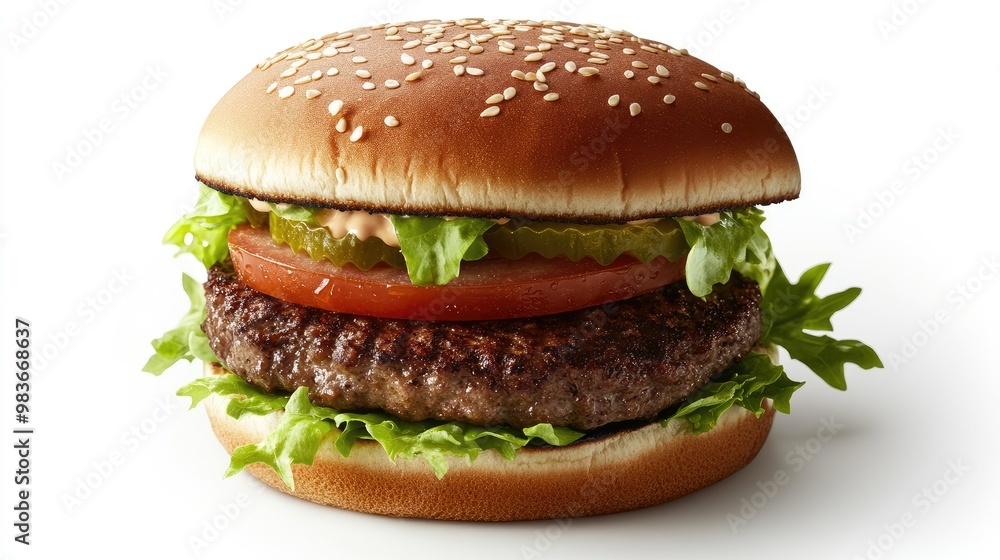 A juicy, grilled halal beef burger with fresh lettuce and tomatoes, placed on a simple white surface. A juicy, grilled halal beef burger with fresh lettuce and tomatoes, placed on a simple white surface.