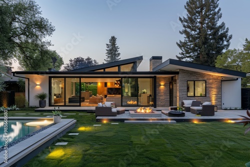 Modern two-story family house with white walls, large windows, and garden lighting at dusk in Poland.