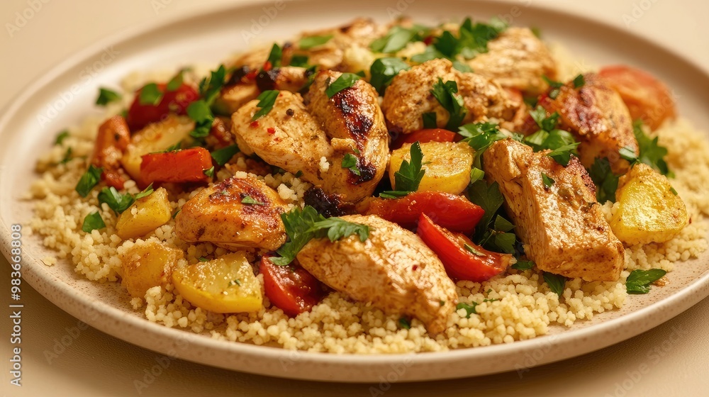 A plate of flavorful Moroccan couscous with tender chicken and vegetables, neatly arranged on a beige background. A plate of flavorful Moroccan couscous with tender chicken and vegetables, neatly arranged on a beige background.