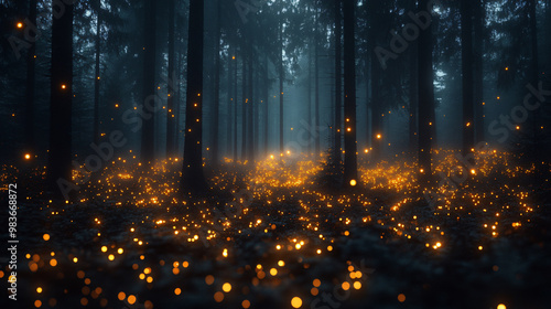 Ethereal Golden Lights in a Foggy Forest at Night Spooky Fairy Atmosphere Magical Nature Scene