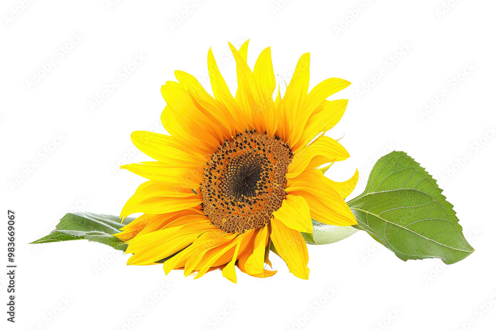 Naklejka premium Sunflower with green leaves isolated on white background. Yellow petal flower with green leaves with white back drop. Floral decoration. Studio botanical photography for design and print. AIG57.