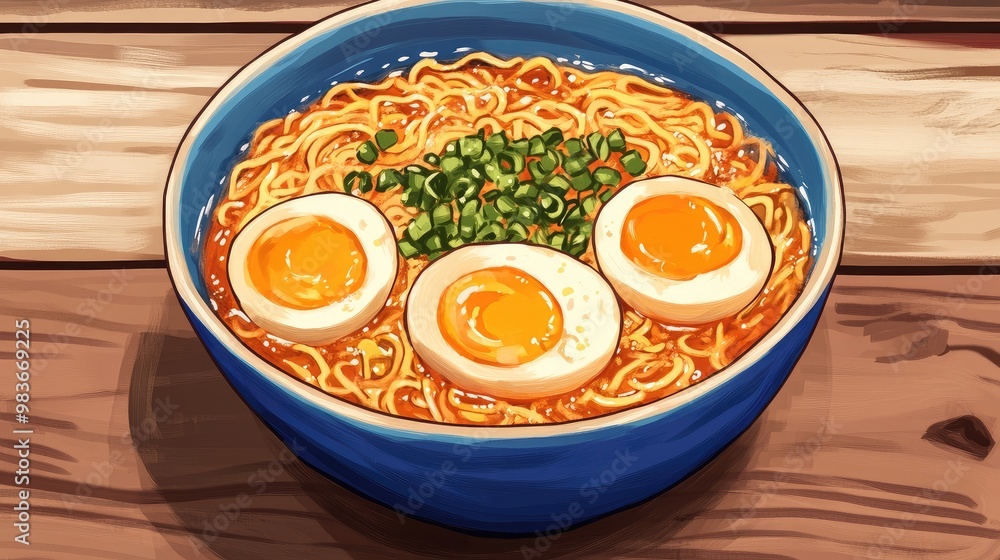 A vibrant bowl of spicy halal ramen with soft-boiled eggs, set against a neutral wooden background. A vibrant bowl of spicy halal ramen with soft-boiled eggs, set against a neutral wooden background.
