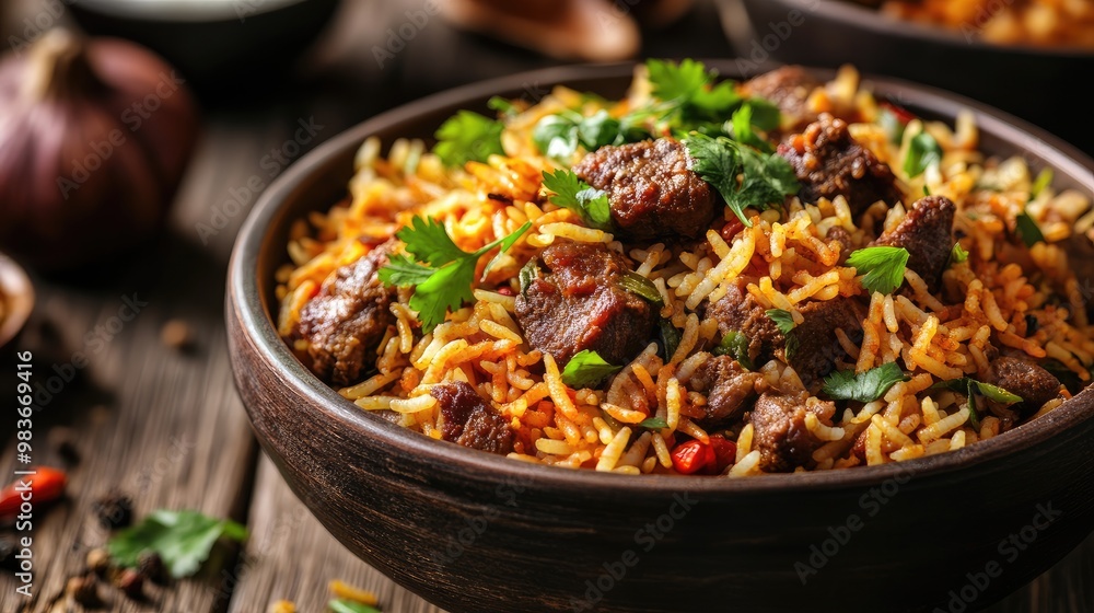 Close-up of a beautifully prepared lamb biryani with fresh herbs and spices, on a plain wooden table. Close-up of a beautifully prepared lamb biryani with fresh herbs and spices, on a plain wooden table.