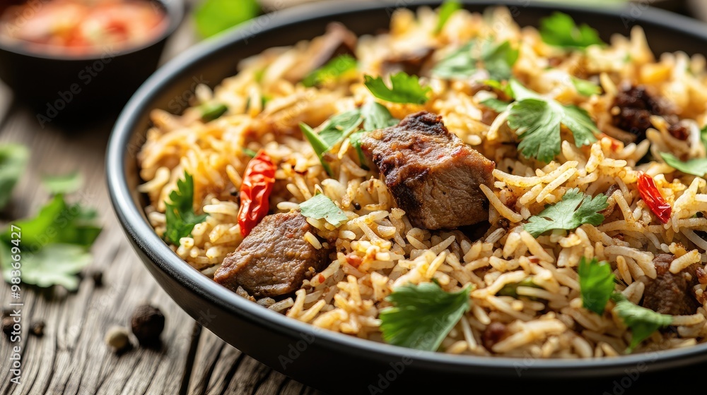 Close-up of a beautifully prepared lamb biryani with fresh herbs and spices, on a plain wooden table. Close-up of a beautifully prepared lamb biryani with fresh herbs and spices, on a plain wooden table.