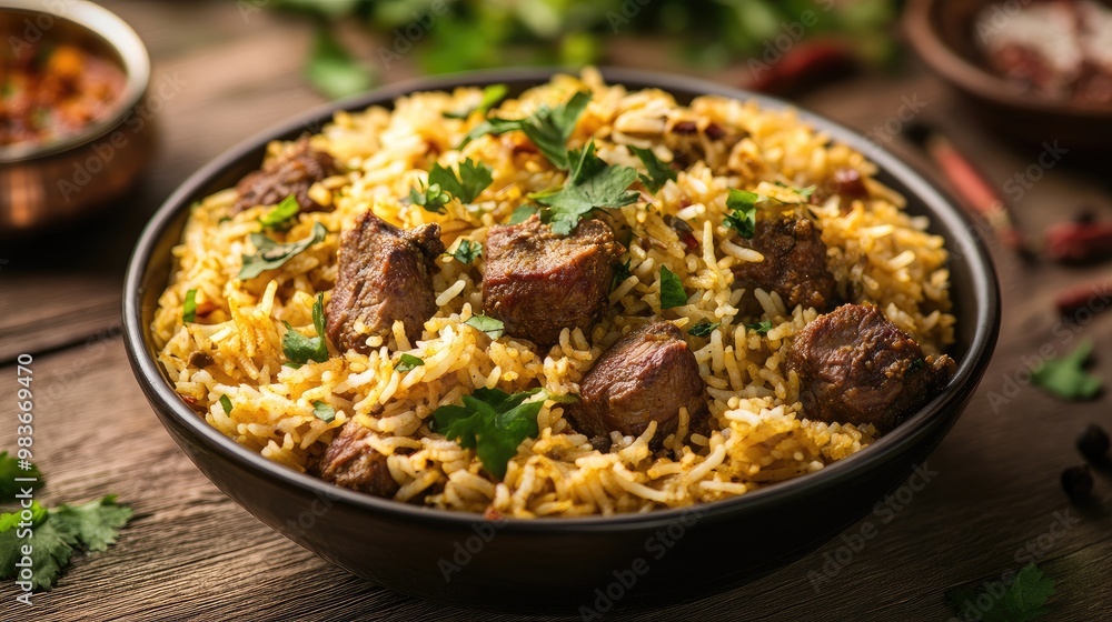 Close-up of a beautifully prepared lamb biryani with fresh herbs and spices, on a plain wooden table. Close-up of a beautifully prepared lamb biryani with fresh herbs and spices, on a plain wooden table.
