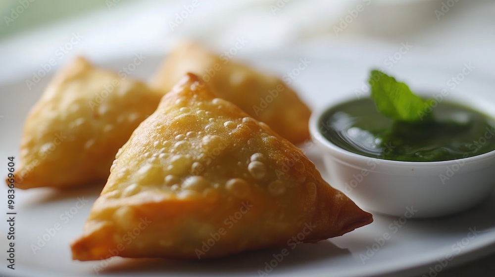 Close-up of a crispy, golden samosa with mint chutney on the side, plated on a simple light surface. Close-up of a crispy, golden samosa with mint chutney on the side, plated on a simple light surface.