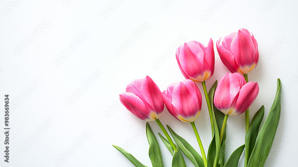 Elegant Pink Tulips on a White Surface. A beautiful arrangement of fresh pink tulips with green leaves, set against a clean white background, ideal for decoration. Elegant Pink Tulips on a White Surface. A beautiful arrangement of fresh pink tulips with green leaves, set against a clean white background, ideal for decoration.